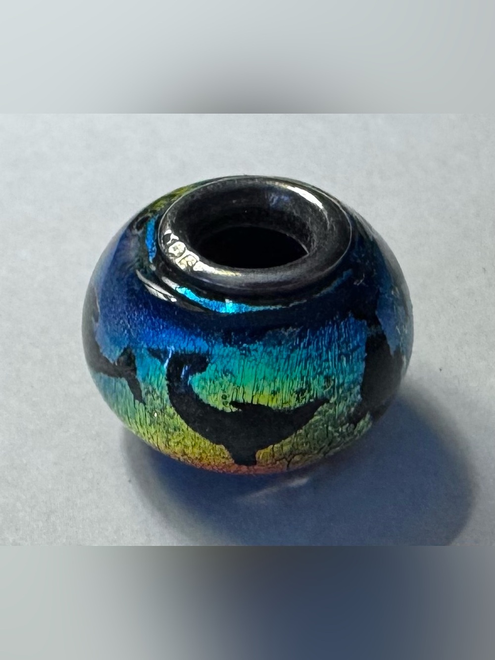 Iridescent Blue-Green Glass Charm Beads, Turtle and Dolphin